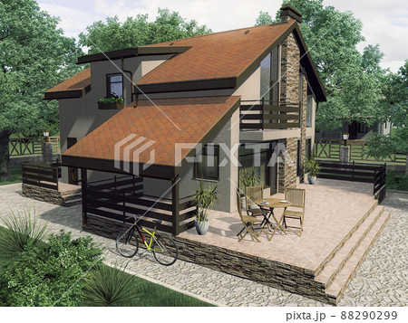 3d illustration of the concept of the architectural project of a private house. 3d render of a two-storey house 88290299