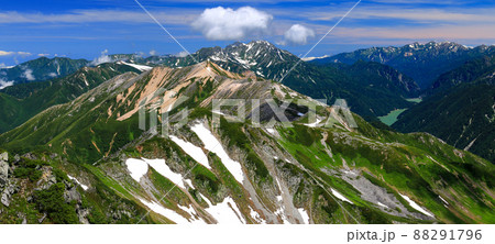北アルプス水晶岳山頂からの山々 立山連峰、剣岳、後立山連峰、黒部湖遠景 北アルプス水晶岳山頂からの山々 立山連峰、剣岳、後立山連峰、黒部湖遠景 88291796