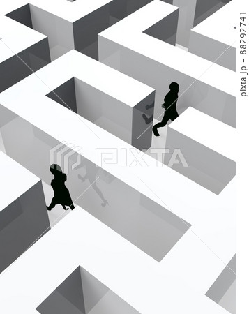 巨大な迷路の中を歩く男女シルエット縦 巨大な迷路の中を歩く男女シルエット縦 88292741