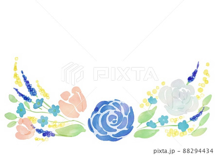 水彩画 水彩タッチの草木と花のフレーム 青い薔薇の装飾フレーム 透明水彩で描いた植物 のイラスト素材 4434