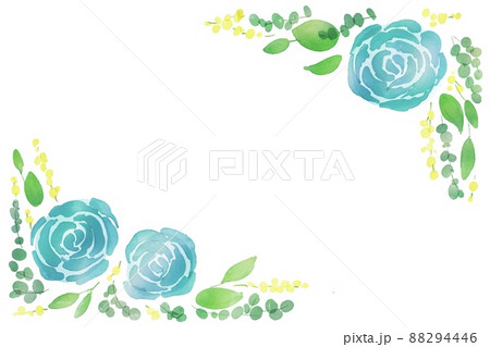 水彩画 水彩タッチの草木と花のフレーム 青い薔薇の装飾フレーム 透明水彩で描いた植物 のイラスト素材 4446