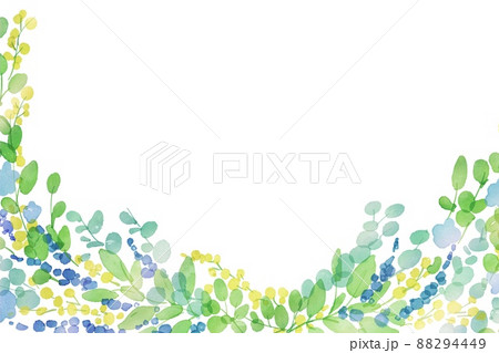 水彩画。水彩タッチの草木と花のフレーム。ラベンダーとミモザの装飾フレーム。透明水彩で描いた植物。 水彩画。水彩タッチの草木と花のフレーム。ラベンダーとミモザの装飾フレーム。透明水彩で描いた植物。 88294449