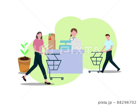 レジ会計 スーパー お店 カートを押す人々と働く女性 イラスト 88296702