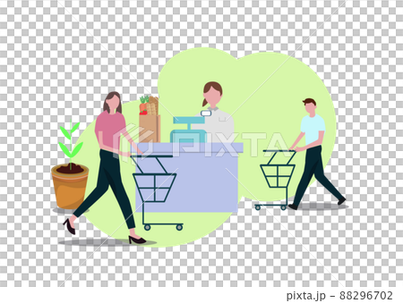 レジ会計 スーパー お店 カートを押す人々と働く女性 イラスト 88296702