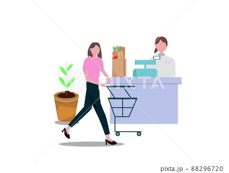 レジ スーパー お店 カートを押す男性と働く女性 イラスト 88296720