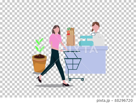 レジ スーパー お店 カートを押す男性と働く女性 イラスト 88296720