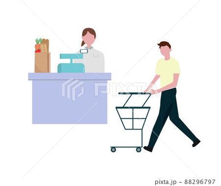 レジ スーパー お店 カートを押す男性と働く女性 イラスト 88296797