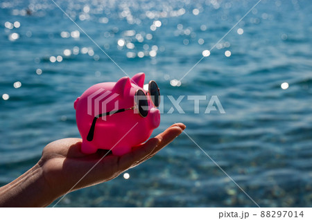 A woman holds a piggy bank in sunglasses on the background of the sea. Budget vacation. 88297014