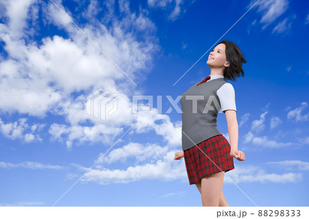 青空の下、希望を胸に遠くを見つめる女子高生。3Dイラストレーション 