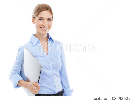 All I need for business. Studio shot of a beautiful young businesswoman holding a laptop against a white background. 88298687