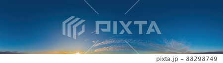 Dawn Sky panorama with Cirrus clouds in Seamless spherical equirectangular format with complete zenith for use in 3D graphics, game and composites in aerial drone 360 degree panoramas as sky dome 88298749