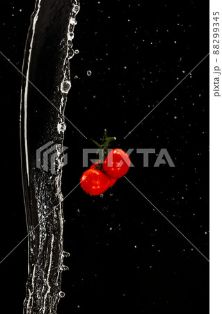 Three red ripe tomatoes on a black background with drops of water and splash Three red ripe tomatoes on a black background with drops of water and splash 88299345