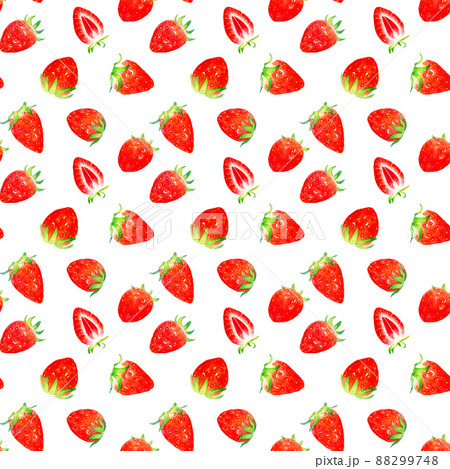 いちごの果実と断面のシームレスパターン 手描き水彩イラストのフルーツ柄テキスタイルのイラスト素材 9748