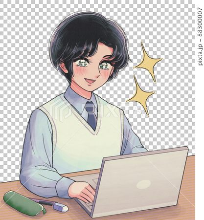 Retro girl cartoon style student enjoying editing on a laptop Retro girl cartoon style student enjoying editing on a laptop 88300007