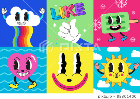 Hand drawn flat trendy cartoon set, Old school, cartoonish, character, animation Hand drawn flat trendy cartoon set, Old school, cartoonish, character, animation 88301400