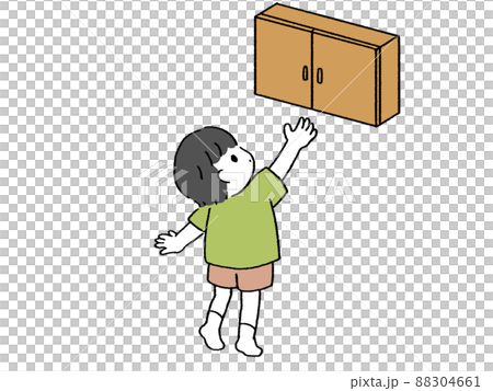 A boy trying to reach for a cupboard A boy trying to reach for a cupboard 88304661