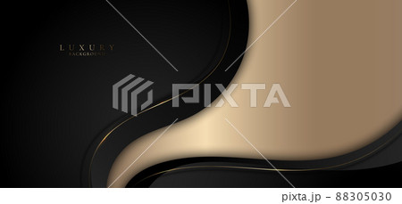 Abstract elegant 3D black wave shapes and golden curved line elements with lighting effect on gold background 88305030