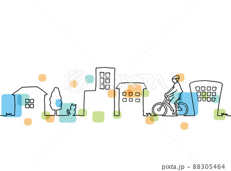 自転車に乗る人と街並みの風景 手描き線画 自転車に乗る人と街並みの風景 手描き線画 88305464