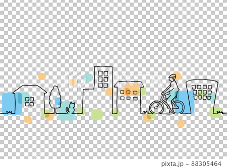 自転車に乗る人と街並みの風景 手描き線画 自転車に乗る人と街並みの風景 手描き線画 88305464