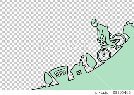 自転車に乗る人と街並みの風景　手描き線画 88305466