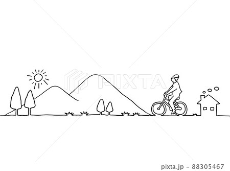 自転車に乗る人と田舎の風景 手描き線画のイラスト素材