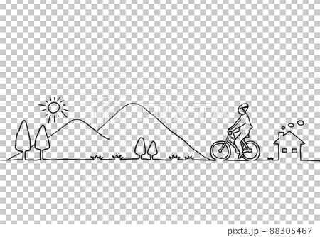 自転車に乗る人と田舎の風景　手描き線画 88305467