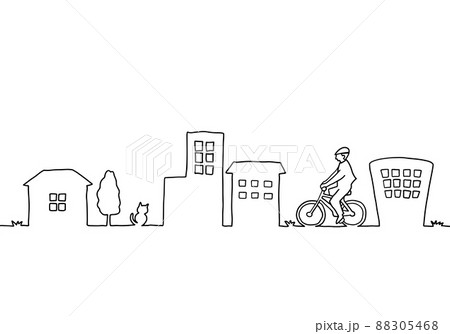 自転車に乗る人と街並みの風景　手描き線画 88305468