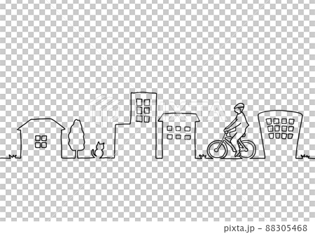 自転車に乗る人と街並みの風景　手描き線画 88305468