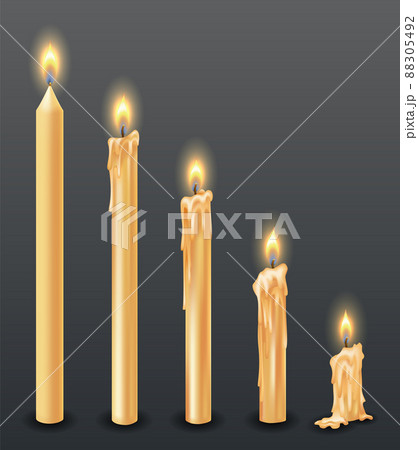 Burning candles with dripping or flowing wax. Yellow candles with golden flame. Lit and melted wax. Arranged from tall to low. Illustration of beautiful glowing candles on dark background 88305492