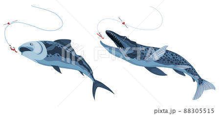 Predatory fish catch. Cartoon fish catching the fishing lure. Pike fishing is jumping to catch bait on hook. Sports hobby. Fishing or hunting on worm vector illustration Predatory fish catch. Cartoon fish catching the fishing lure. Pike fishing is jumping to catch bait on hook. Sports hobby. Fishing or hunting on worm vector illustration 88305515
