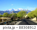 気持ちのよい道と冠雪した山 88308912