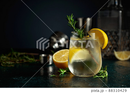 Cocktail gin tonic with natural ice, lemon, and rosemary. Cocktail gin tonic with natural ice, lemon, and rosemary. 88310429