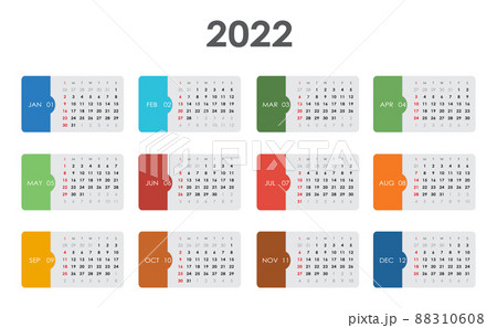 Calendar 2022. Week starts on Sunday. Basic grid - colorful template Calendar 2022. Week starts on Sunday. Basic grid - colorful template 88310608