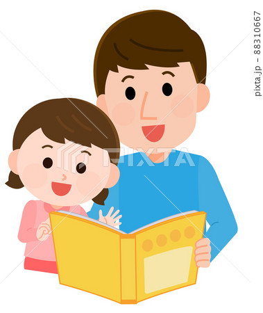 女の子に本を読み聞かせる父親 イラストのイラスト素材