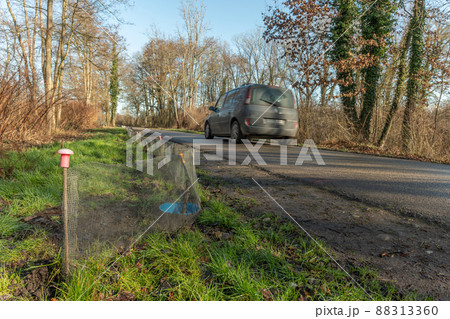 Fence on a road to protect batrachians during their spring migration. 88313360