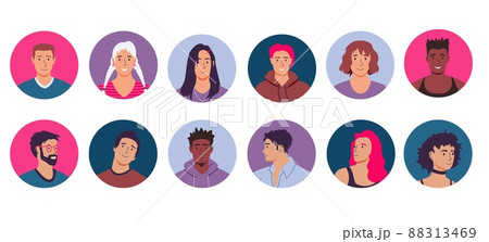 Circle avatars. Social media round story covers with male or female happy smiling faces. Multiethnic people heads. Web forum or blog users profiles. Vector network account portraits set 88313469