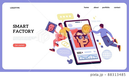 NFT landing page. Website UI template with crypto art concept. Non-fungible token. Blockchain money transaction. Digital artwork online trade. Sell or buy masterpieces. Vector interface 88313485