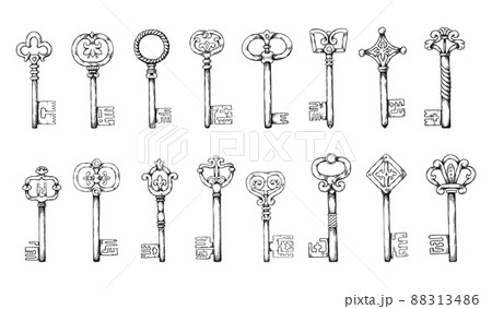 Mediaeval keys. Hand drawn antique sketch elements. Retro door opener types. Lock access. Home privacy and secure. Old safe passkeys. House protection. Vector vintage latchkeys set 88313486