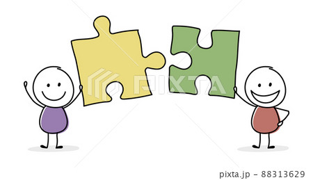 Funny teamwork concept. Stickmen with puzzle. Vector 88313629