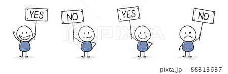 Funny stickmen holding plate with text - yes and no. Vector 88313637