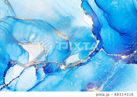 Cyan blue liquid watercolor background with golden stains. Teal turquoise marble alcohol ink drawing effect. Vector illustration design template for wedding invitation, menu, rsvp 88314316