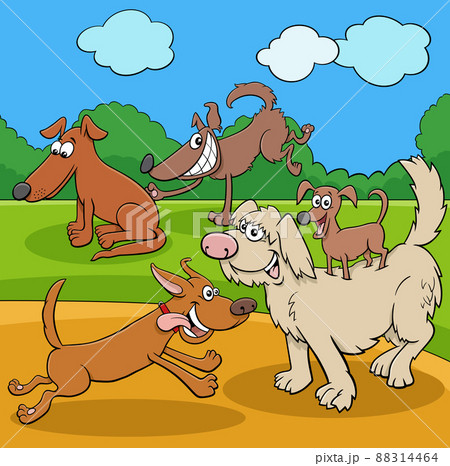 cartoon playful dogs and puppies characters in a park cartoon playful dogs and puppies characters in a park 88314464