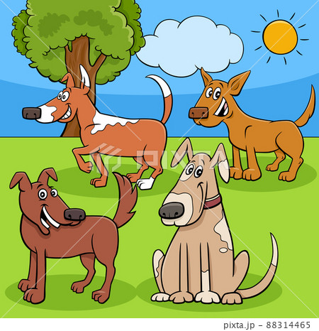 cartoon playful dogs and puppies characters in a park 88314465