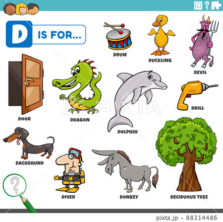 letter d words educational set with cartoon characters 88314486