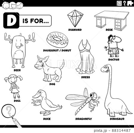 letter d words educational set coloring book page 88314487