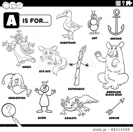 letter a words educational set coloring book page 88314508