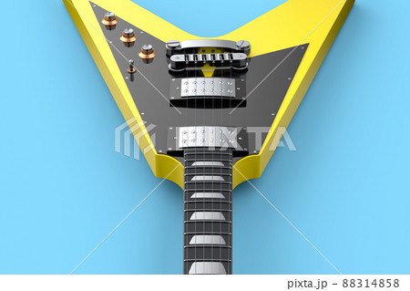 Close-up Electric acoustic guitar isolated on blue background. 3d render of concept for rock festival poster with heavy metal guitar for music shop 88314858