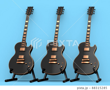 Set of electric acoustic guitar isolated on blue background. 3d render of concept for rock festival poster with heavy metal guitar for music shop Set of electric acoustic guitar isolated on blue background. 3d render of concept for rock festival poster with heavy metal guitar for music shop 88315285