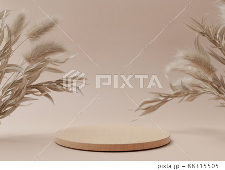 Wooden podium with dried grass on the brown background. 3D rendering. Elegant podium for product, cosmetic presentation. Natural mock up. Pedestal or platform for beauty products. Wooden podium with dried grass on the brown background. 3D rendering. Elegant podium for product, cosmetic presentation. Natural mock up. Pedestal or platform for beauty products. 88315505