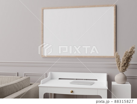 Empty picture frame on grey wall in modern living room. Mock up interior in contemporary style. Close up view. Free space for your picture, poster. Console, vase, pampas grass. 3D rendering. 88315827